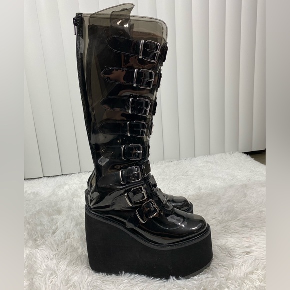 DEMONIA Trinity Clear Vinyl Knee High Platform Boots Buckles Smoke Gray Black 9 - Picture 4 of 14